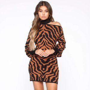 One Shoulder Cutout Zebra Print Sweater Mini Dress
